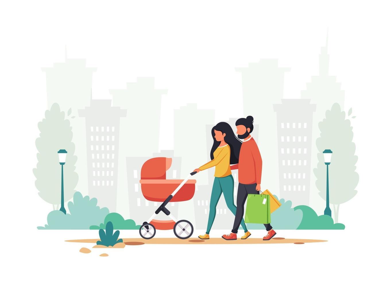 Familie mit Kinderwagen im Stadtpark spazieren. Außenaktivität. Vektorillustration vektor