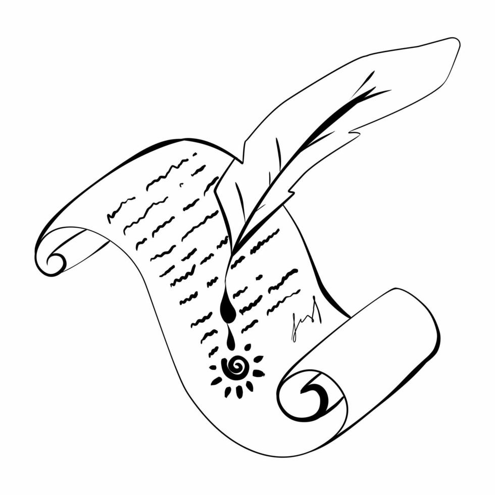 Schreiben, Stift, Text, Unterschrift, Siegel, Tinte. scrollen Vektor Symbol