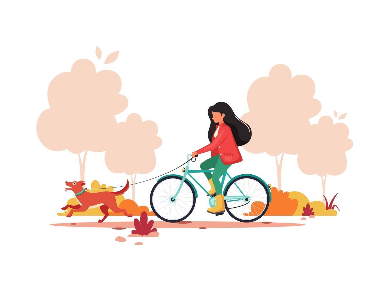 kvinna ridning cykel med hund i höst park. hälsosam livsstil, utomhusaktivitetskoncept. vektor illustration.