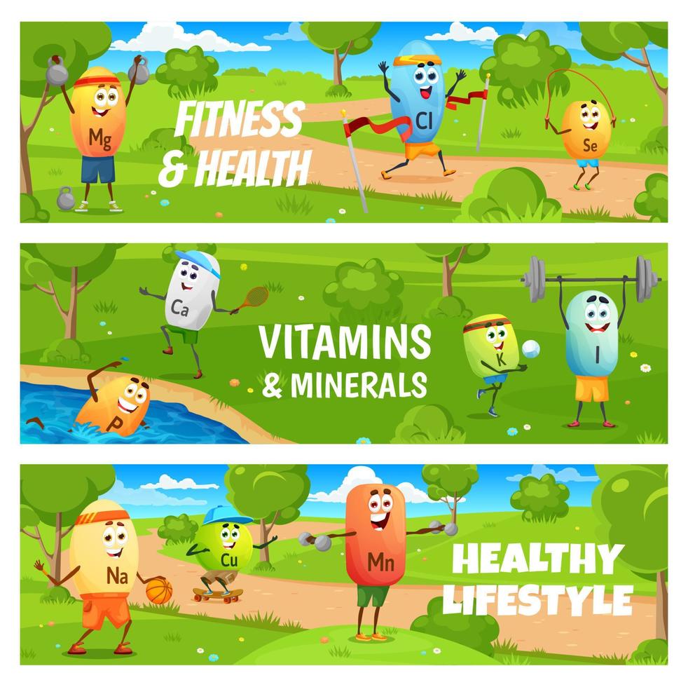 Fitness, Gesundheit, Karikatur Vitamine, Mineralien, Sport vektor