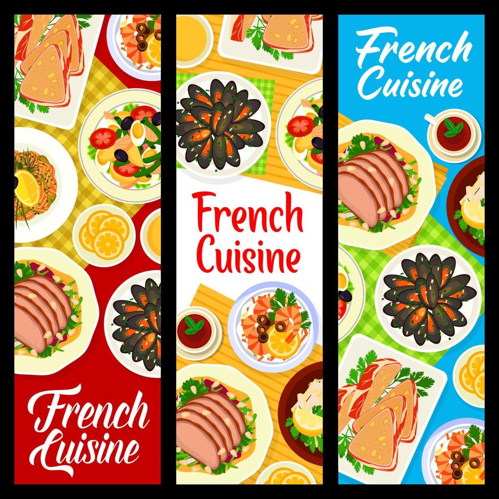 franska kök banderoller, vektor Frankrike mat maträtter