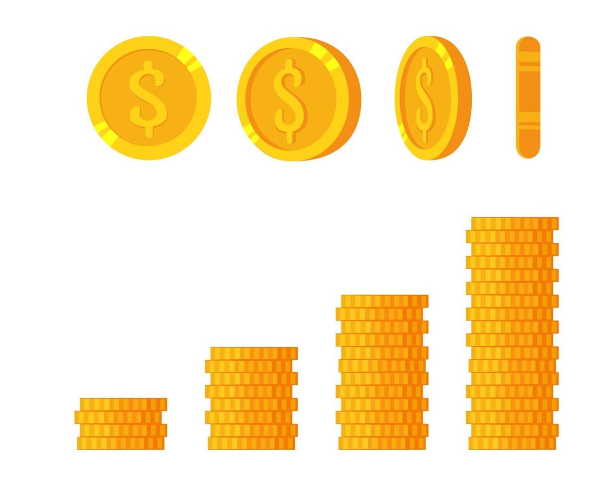 Goldmünzen auf weißem Hintergrund, Satz Rotationsmünze. finanzielles Wachstumskonzept mit goldenem Münzdollar. vektor