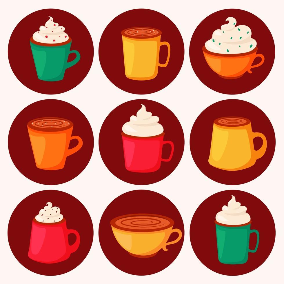 Kaffeetag. verschiedene Kaffeesorten in Tassen. Vektorillustration im flachen Stil. vektor
