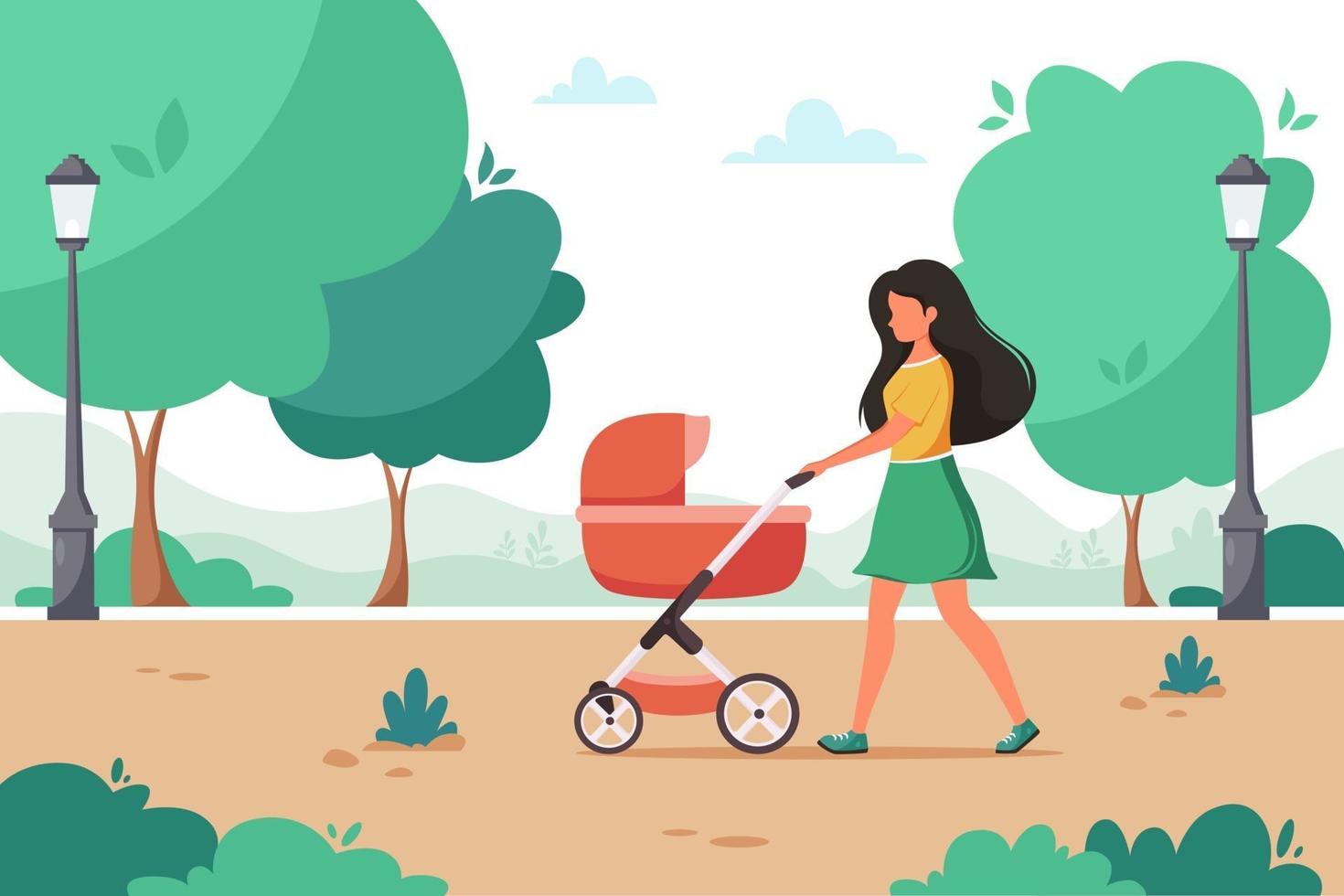 kvinna som går med barnvagn i stadsparken. utomhusaktivitet. vektor illustration.