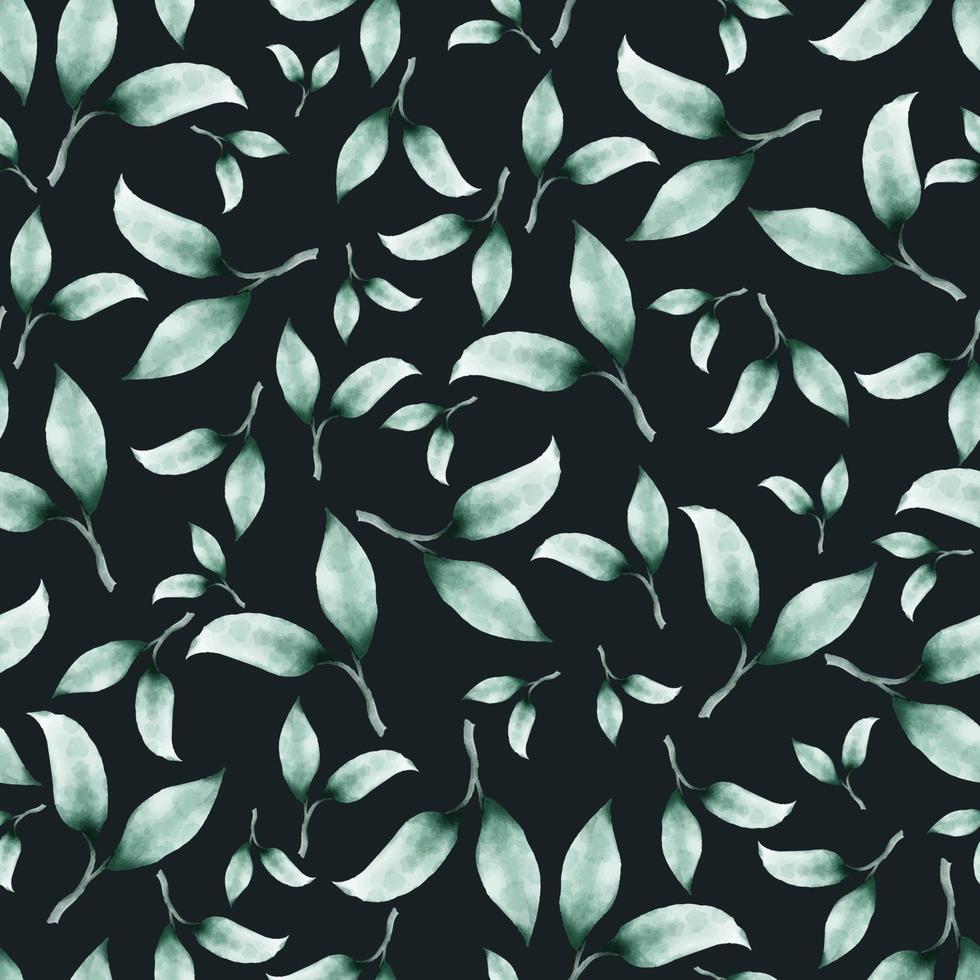 sömlös mönster med vattenfärg grön löv och grenar på en mörk bakgrund vektor