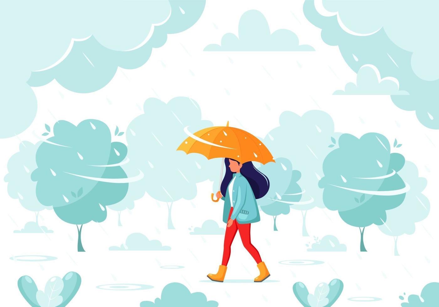 Frau, die unter einem Regenschirm während des Regens geht. Herbstregen. Herbst Outdoor-Aktivitäten. vektor