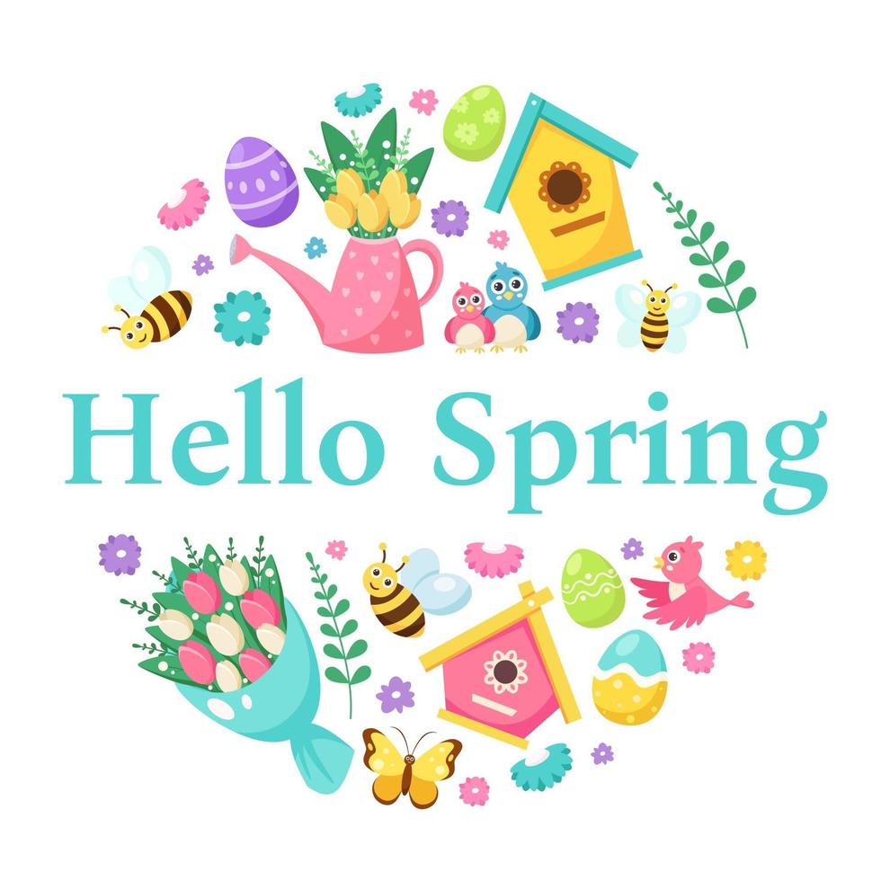 Hallo Frühlingsgrußkarte. Vogelhaus, Blumenstrauß, Gießkanne mit Blumen, Ostereier. Vektorillustration vektor
