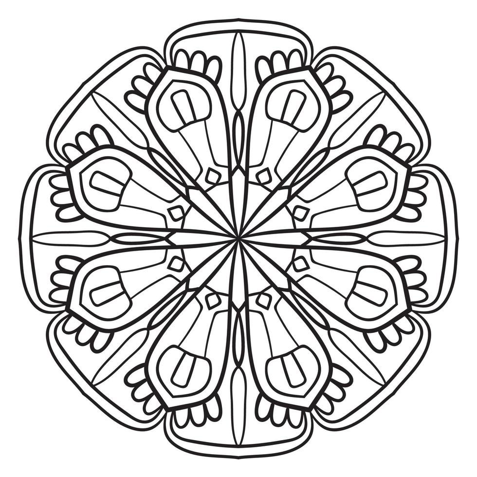 Blumenmandala mit schwarzem Umriss. kritzeln sie rundes dekoratives element für das malbuch, das auf weißem hintergrund lokalisiert wird. floraler geometrischer Kreis. vektor