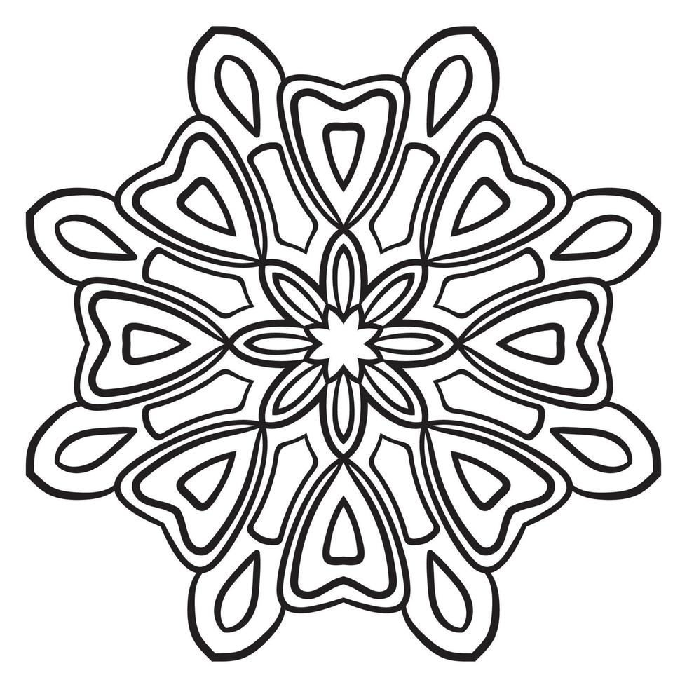 Blumenmandala mit schwarzem Umriss. kritzeln sie rundes dekoratives element für das malbuch, das auf weißem hintergrund lokalisiert wird. floraler geometrischer Kreis. vektor