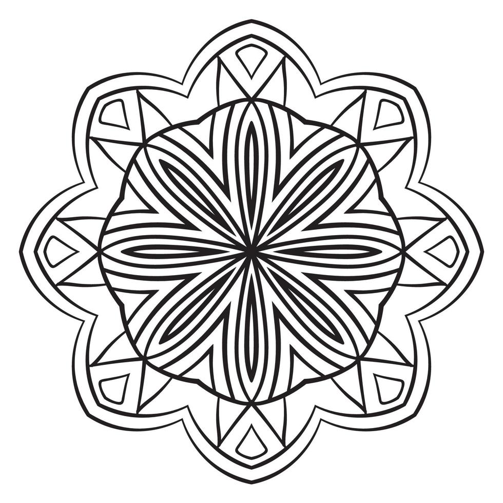 Blumenmandala mit schwarzem Umriss. kritzeln sie rundes dekoratives element für das malbuch, das auf weißem hintergrund lokalisiert wird. floraler geometrischer Kreis. vektor