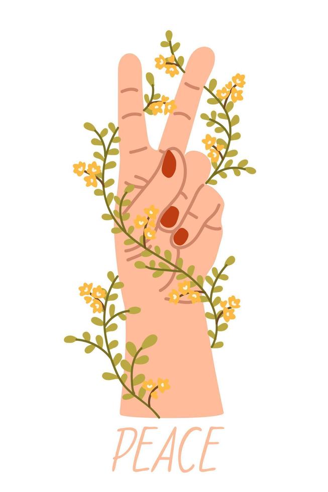 Hand zeigen das Frieden Zeichen umgeben durch Blumen. Vektor Karikatur Illustration