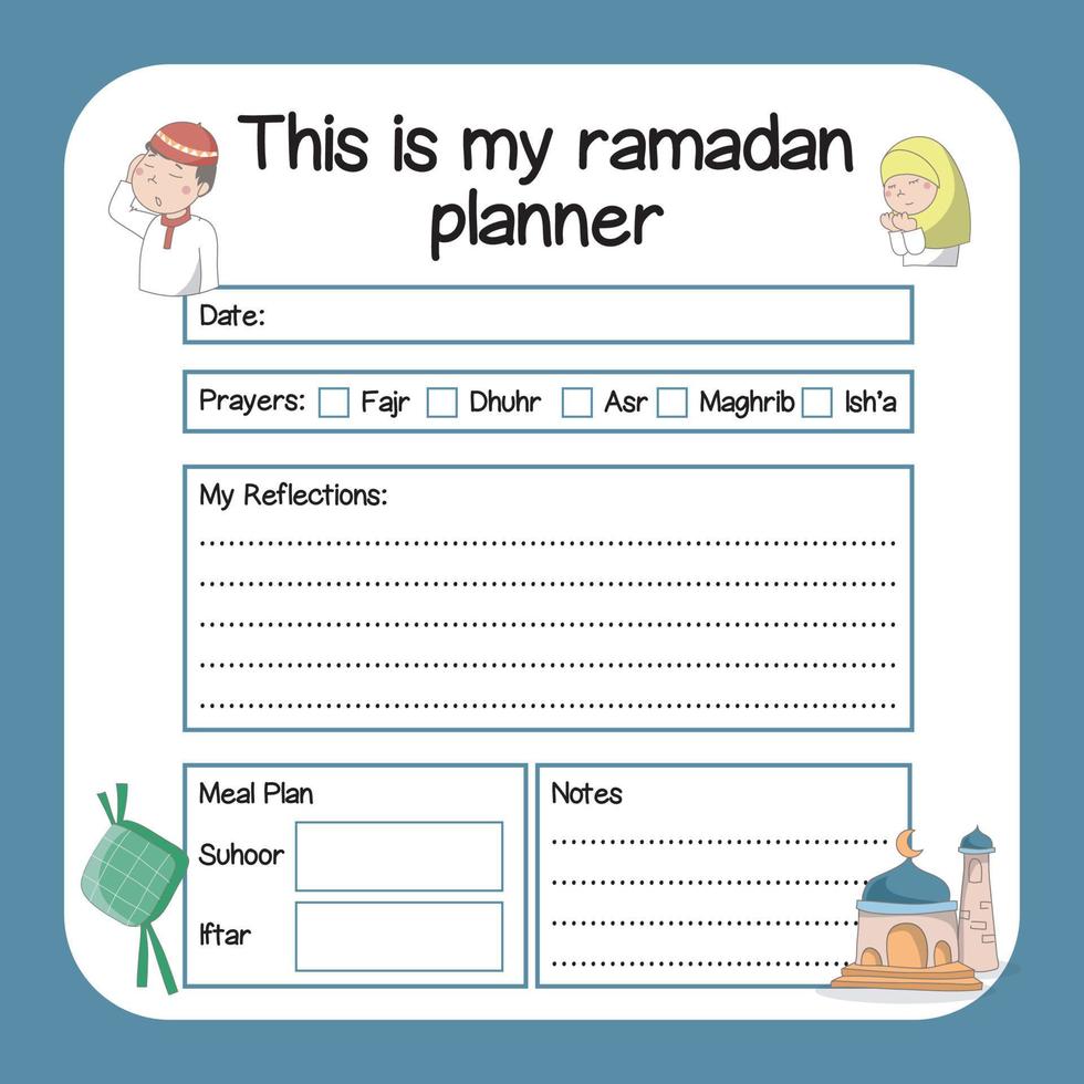 ramadan planerare för barn. islamic planerare för ungar. söt arbetsblad. vektor