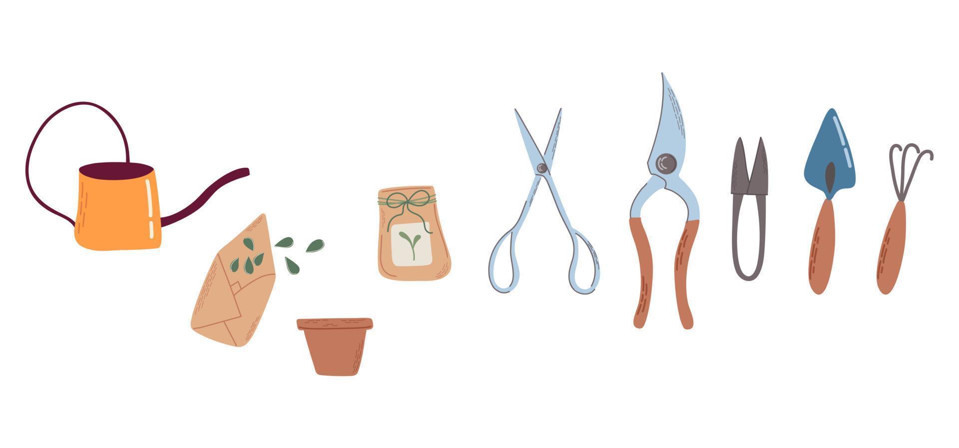 einstellen von Gartenarbeit Werkzeuge und Elemente. Zuhause Gartenarbeit und Pflanzen Pflege Clip Art. Hand gezeichnet eben Stil Vektor Illustrationen.