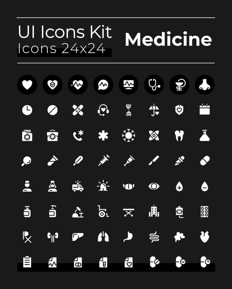 Medizin verbunden Weiß Glyphe ui Symbole einstellen zum dunkel Modus. Silhouette Symbole auf schwarz Hintergrund. solide Piktogramme zum Netz, Handy, Mobiltelefon. Vektor isoliert Abbildungen