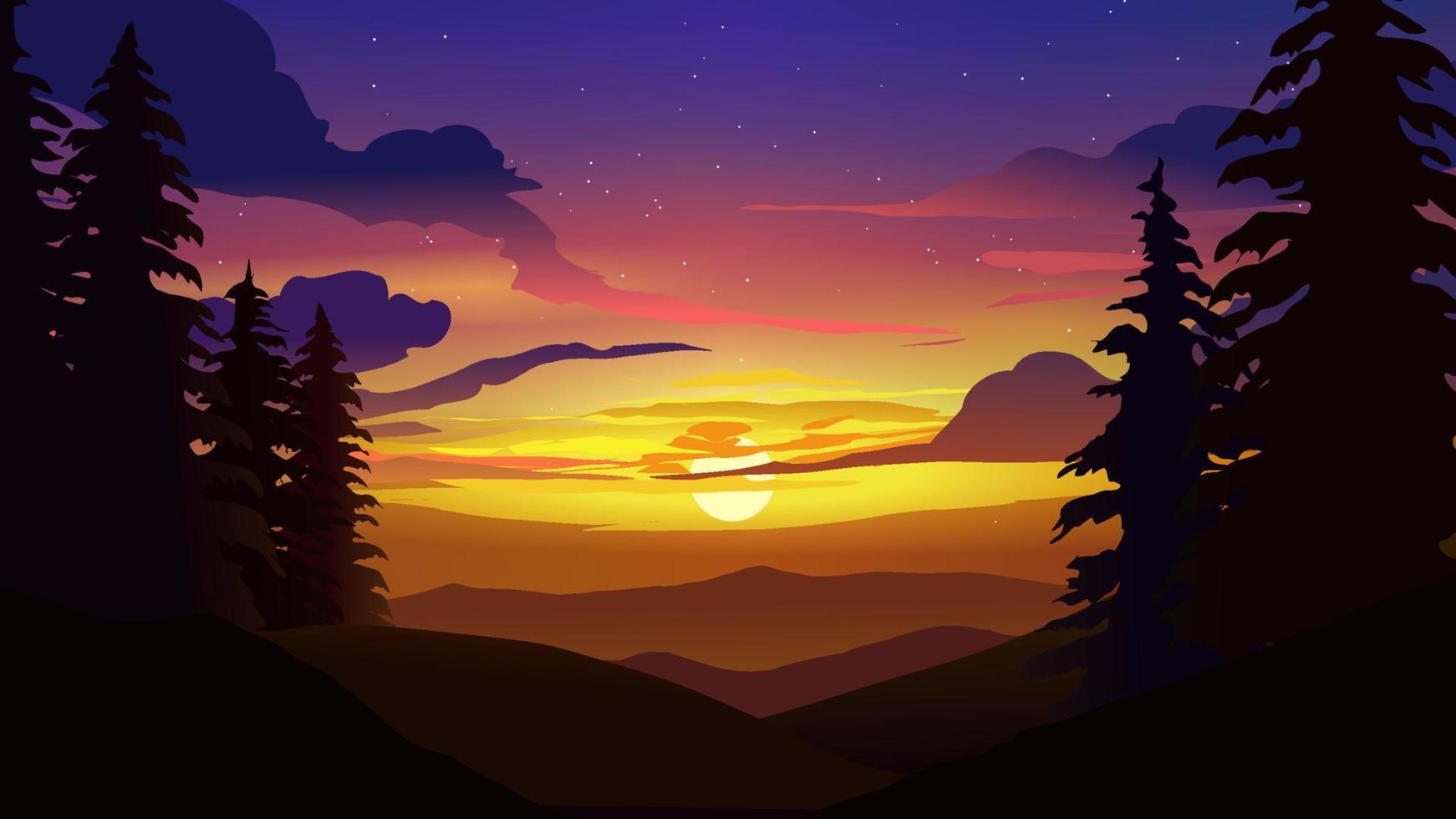Berge und Hügel beim Sonnenuntergang. Silhouette von Kiefer Bäume auf das Hügel vektor
