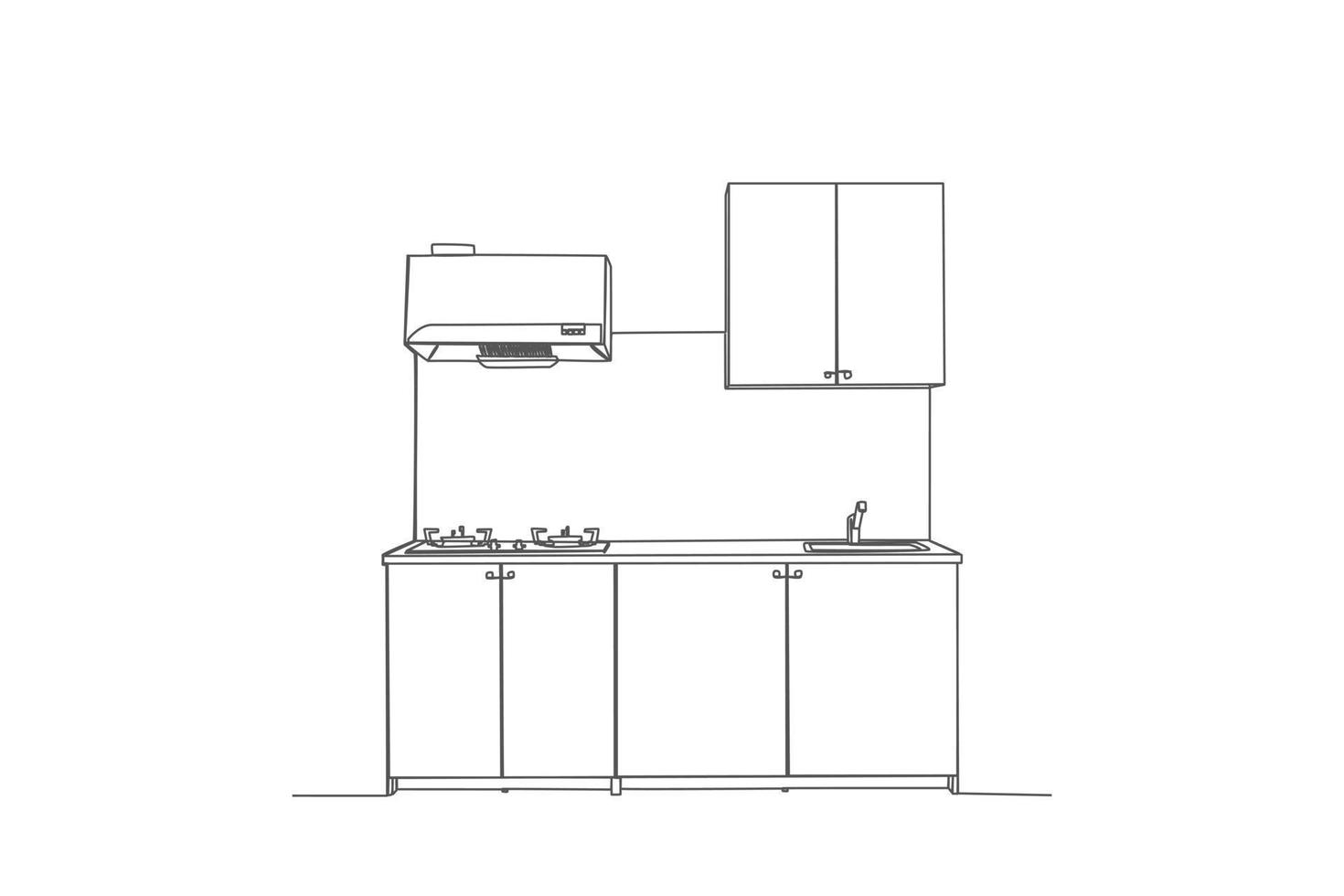 enda ett linje teckning modern kök interiör. kök rum begrepp. kontinuerlig linje dra design grafisk vektor illustration.