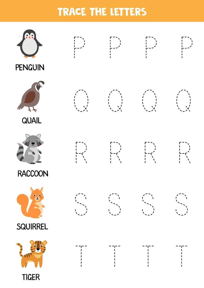 spåra bokstäver i engelska alfabetet med djur. skrivpraxis. vektor