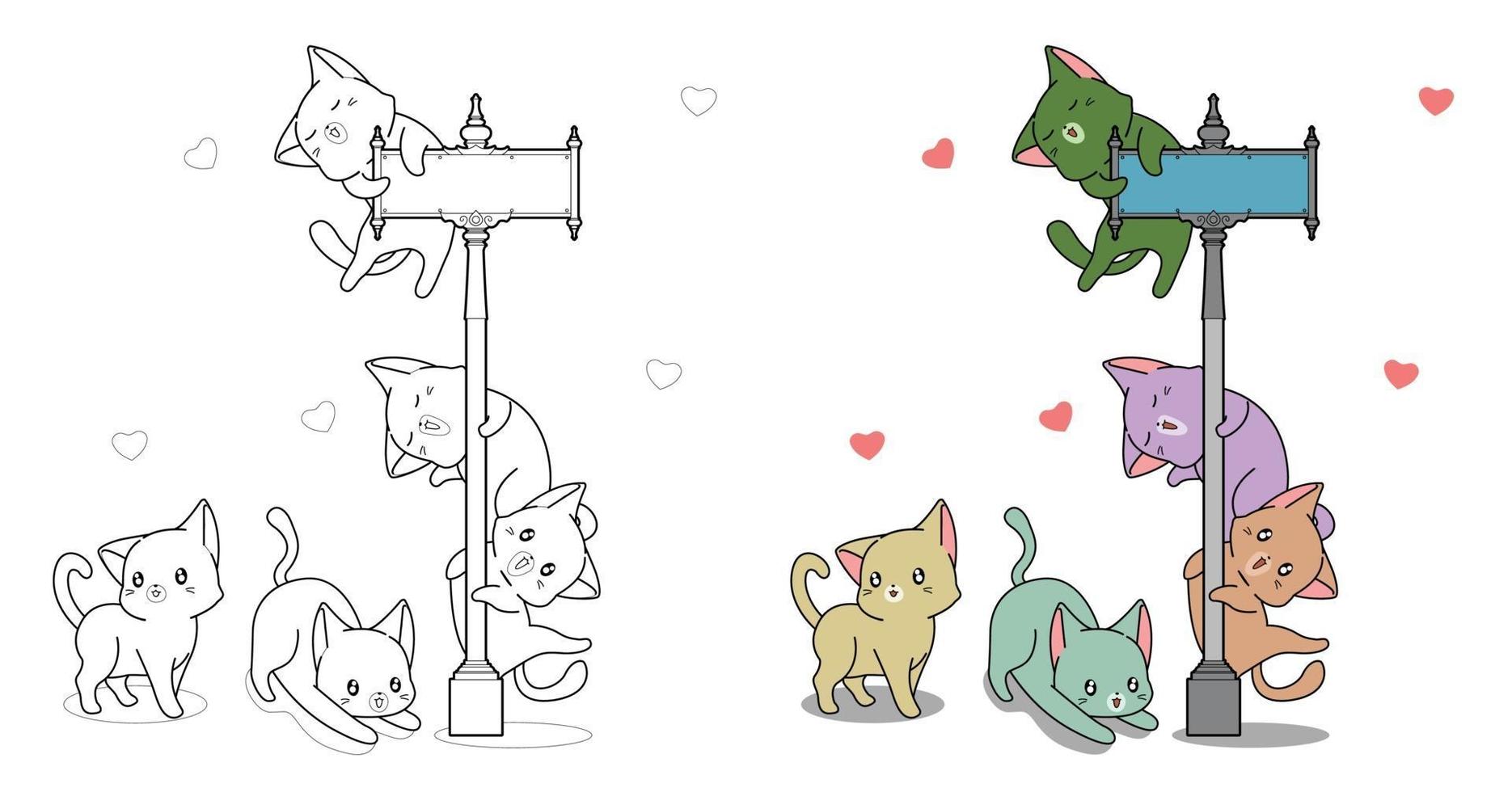 bedårande katter och pelare tecknad målarbok för barn vektor