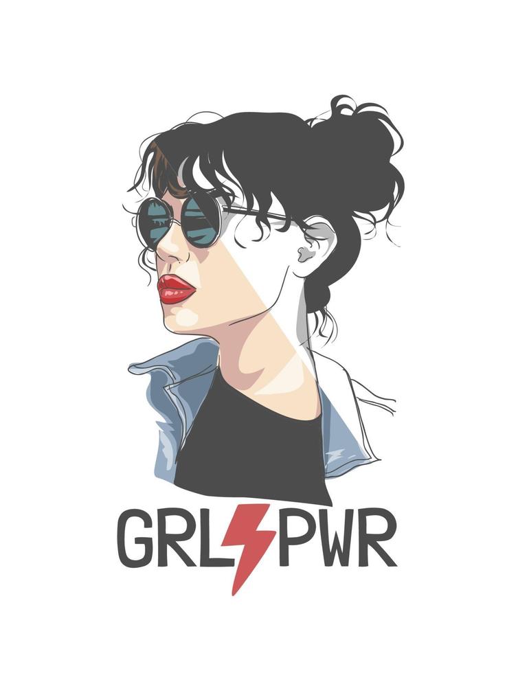 Girl Power Slogan mit Mädchen in Sonnenbrille halb Farbe halb Umriss Illustration vektor