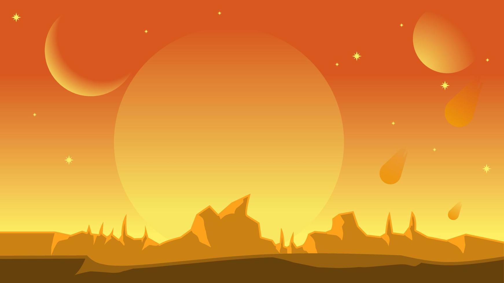 vetenskap fiktion landskap vektor illustration. orange varm planet landskap Plats se. gul galax med Sol och måne. vetenskap fiktion vektor för bakgrund, tapet eller illustration