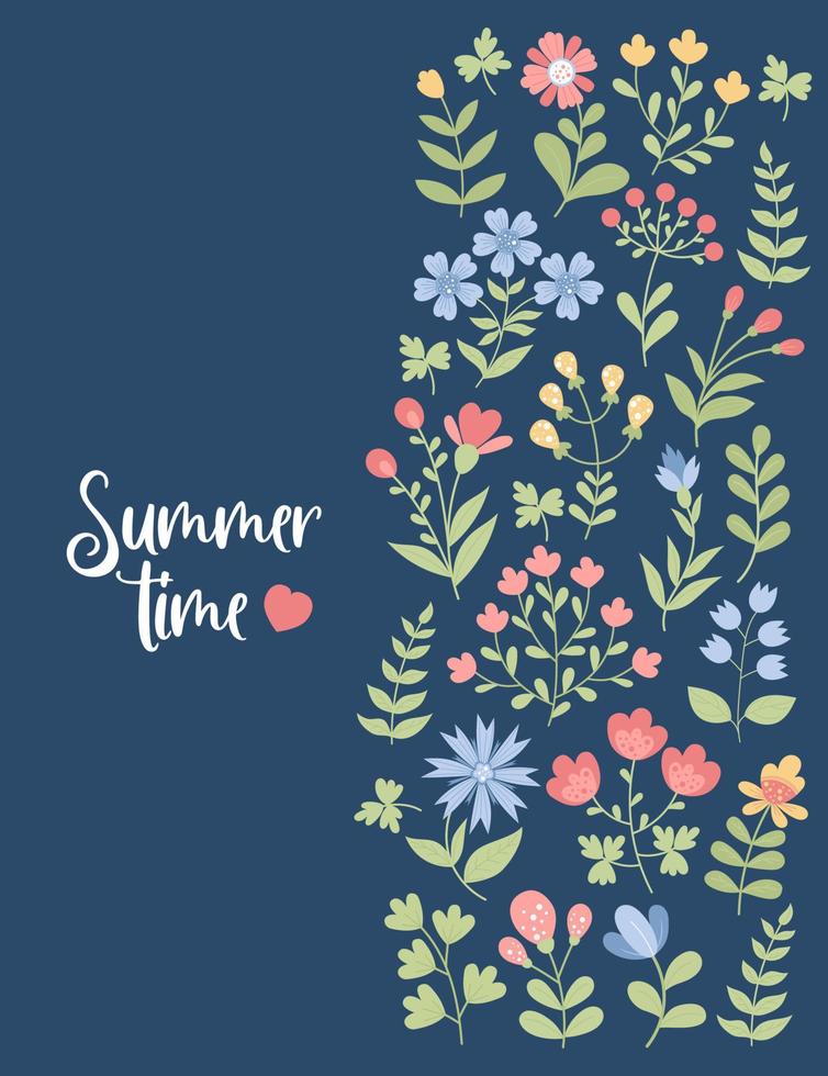blommig kort. sommar tid. blommor, dekorativ blommig mönster på blå bakgrund. vektor illustration. för vykort, grattis, skriva ut, design, med Plats för text.