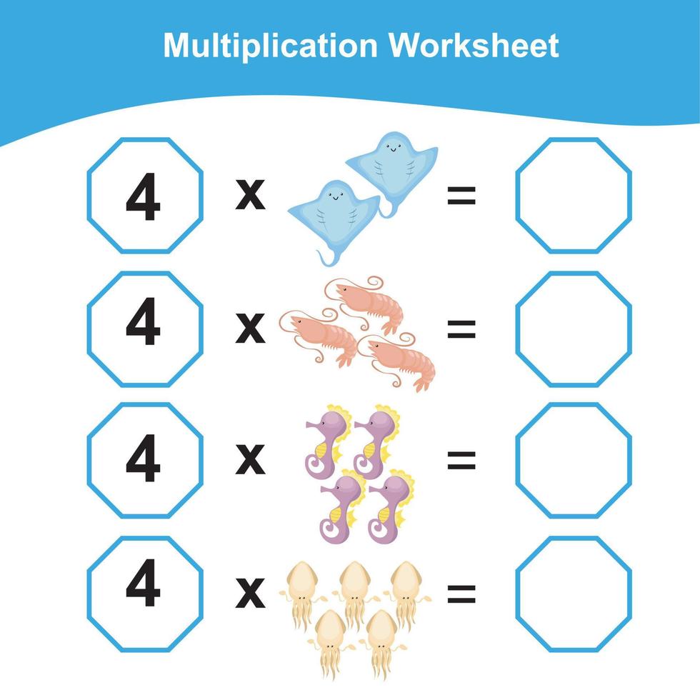 Multiplikation Arbeitsblatt zum Kinder. Zählen Mathematik Arbeitsblatt. druckbar Mathematik Arbeitsblatt. Vektor Illustration.