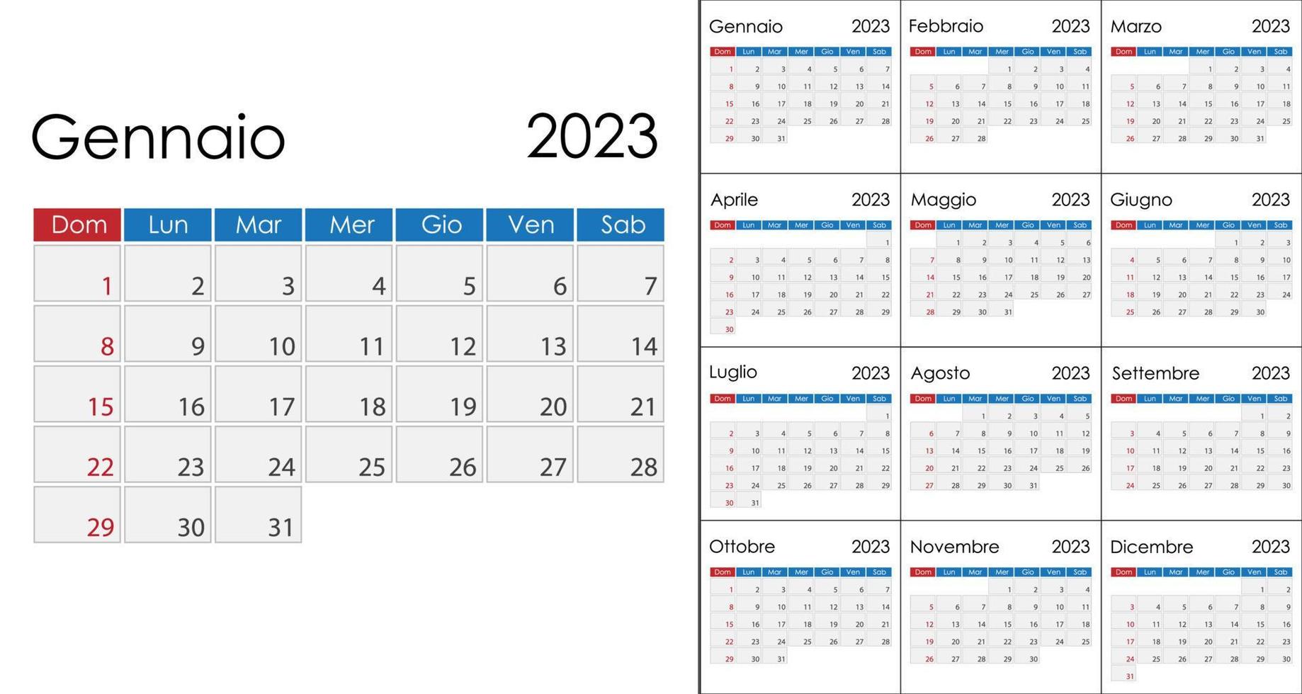 Kalender 2023 auf Italienisch Sprache, Woche Start auf Sonntag. Vektor Vorlage