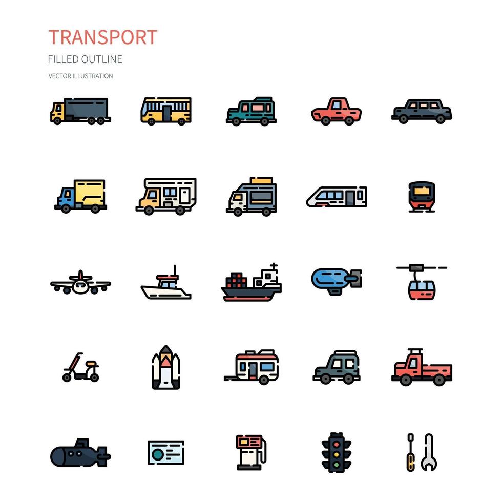 Transport gefüllt Umriss Icon Set. Symbol für Website, Anwendung, Druck, Plakatgestaltung usw. vektor