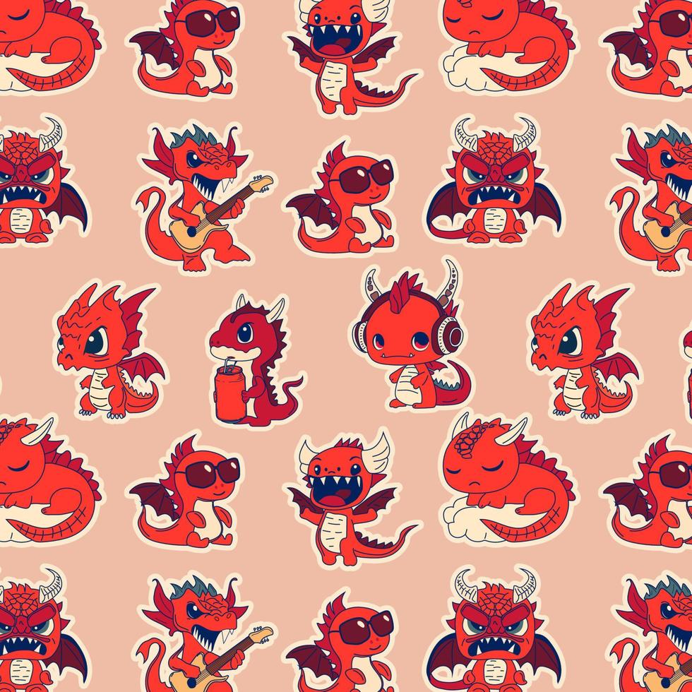 sömlös mönster med illustration emoji tecken tecknad serie drake dinosaurie skrattar klistermärke uttryckssymbol vektor