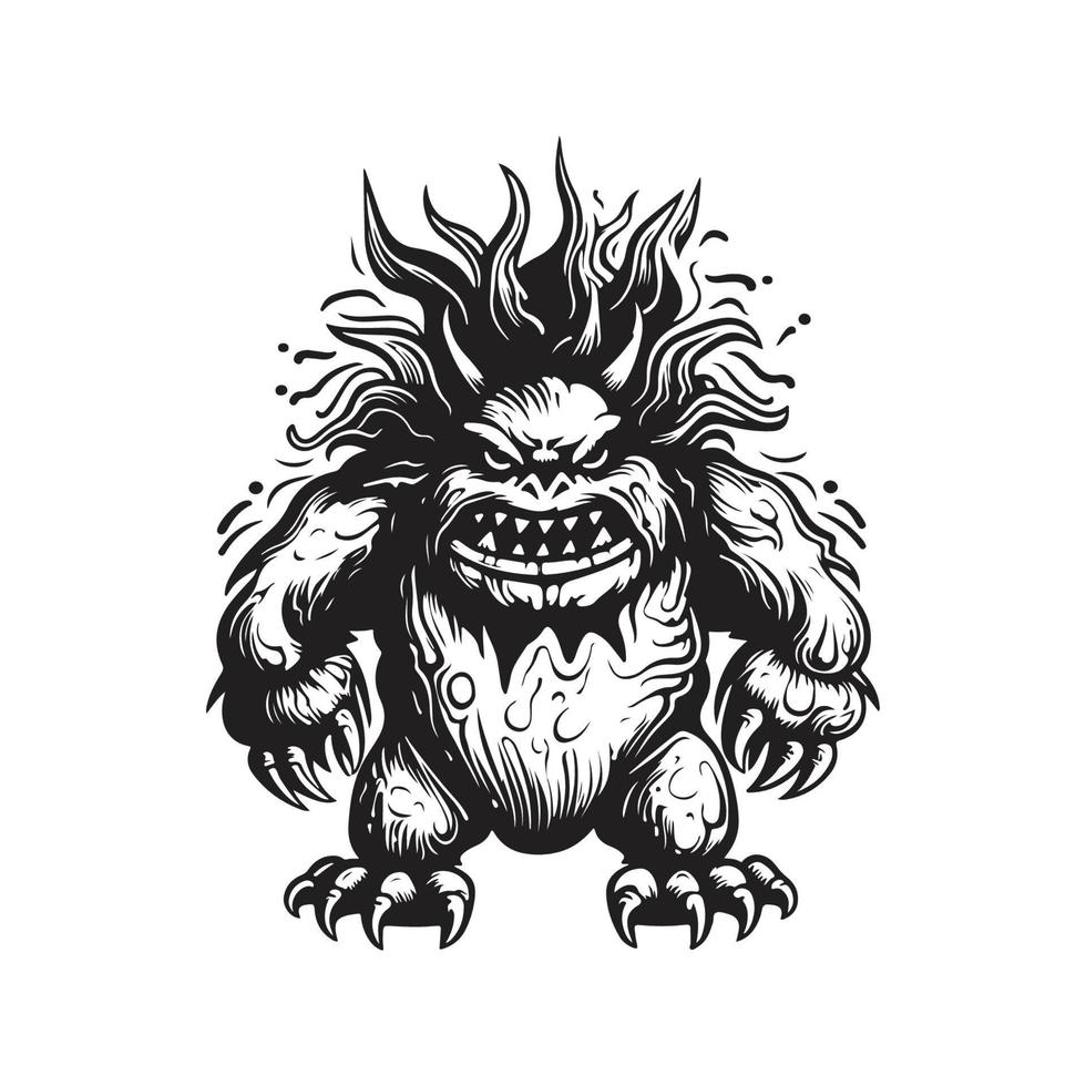 Feuer Monster, Jahrgang Logo Konzept schwarz und Weiß Farbe, Hand gezeichnet Illustration vektor