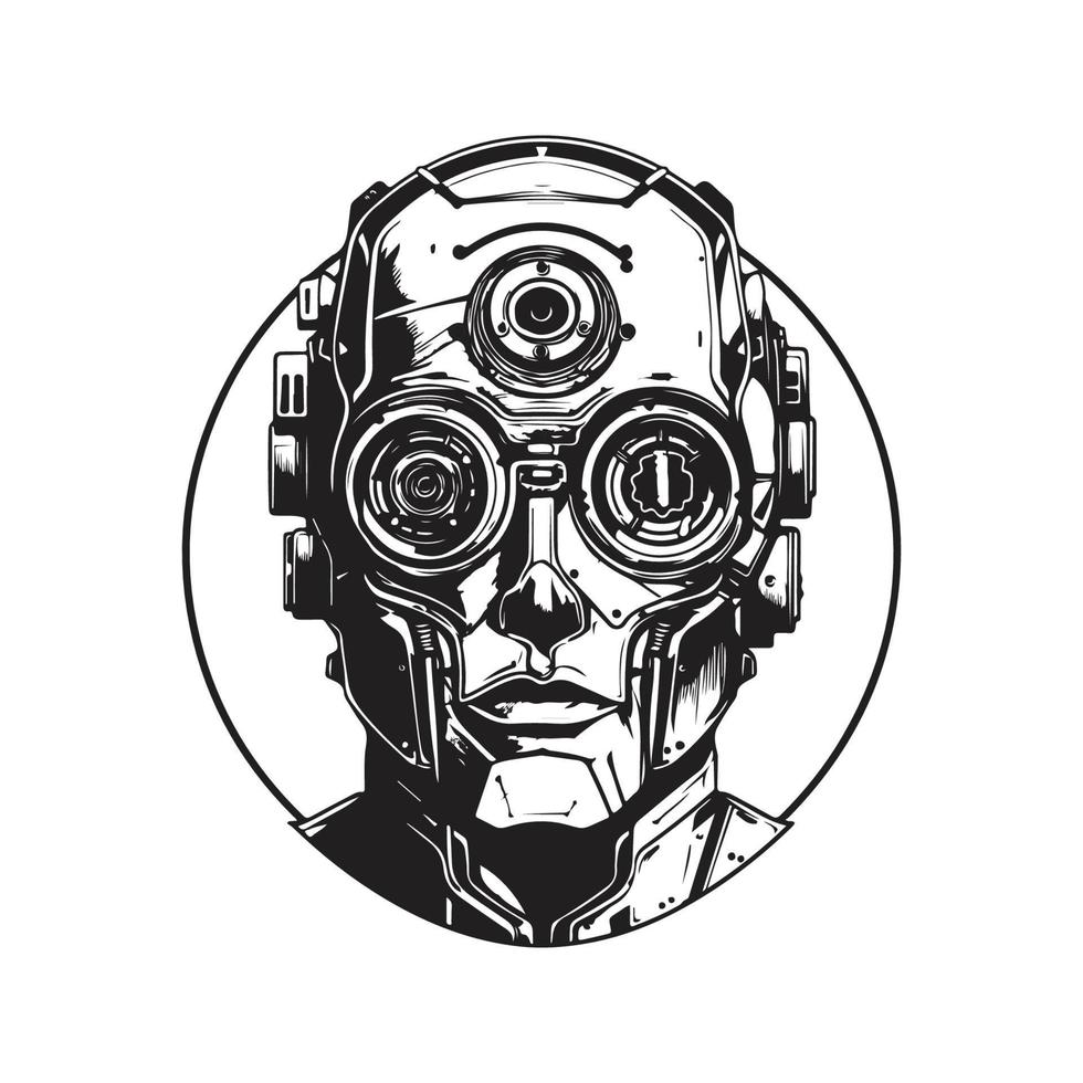 cyborg, årgång logotyp begrepp svart och vit Färg, hand dragen illustration vektor
