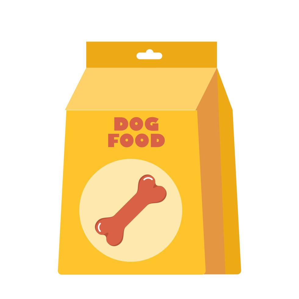 Hund Essen, Gelb Tasche Paket. Haustier Mahlzeit. Vektor Illustration.