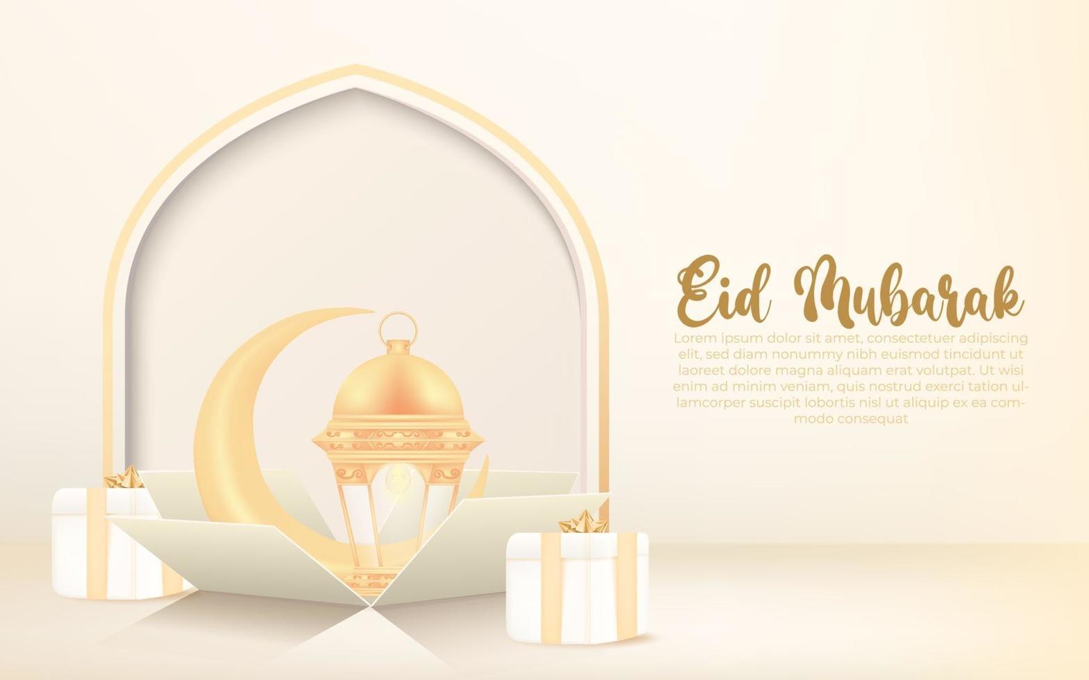 eid al-fitr bakgrund med halvmåne, lykta och presentask. eid mubarak banner firande designkoncept. vektor