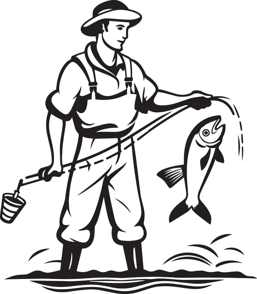 Fischer mit Angeln Stange und Fisch auf das Haken Vektor Design. Angeln Logo.