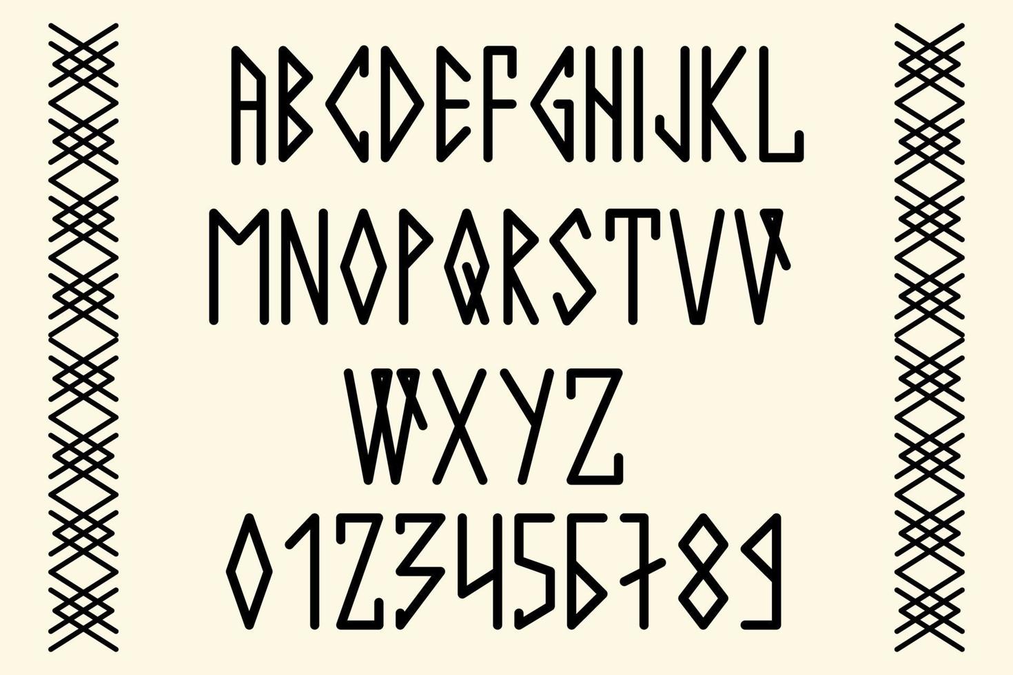 skandinaviskt manus, med stora bokstäver i stil med nordiska runor. modern design. ett magiskt runteckensnitt i de nordliga folkens etniska stil. latinska bokstäver, siffror. vektor illustration.