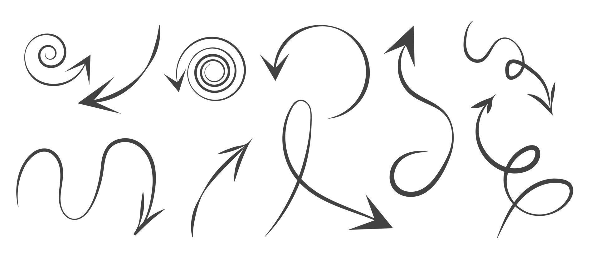 infographic element på isolerat vit bakgrund, enkel pilar. linje konst stil. uppsättning av annorlunda pekare och pilar. svart och vit illustration. klotter vektor