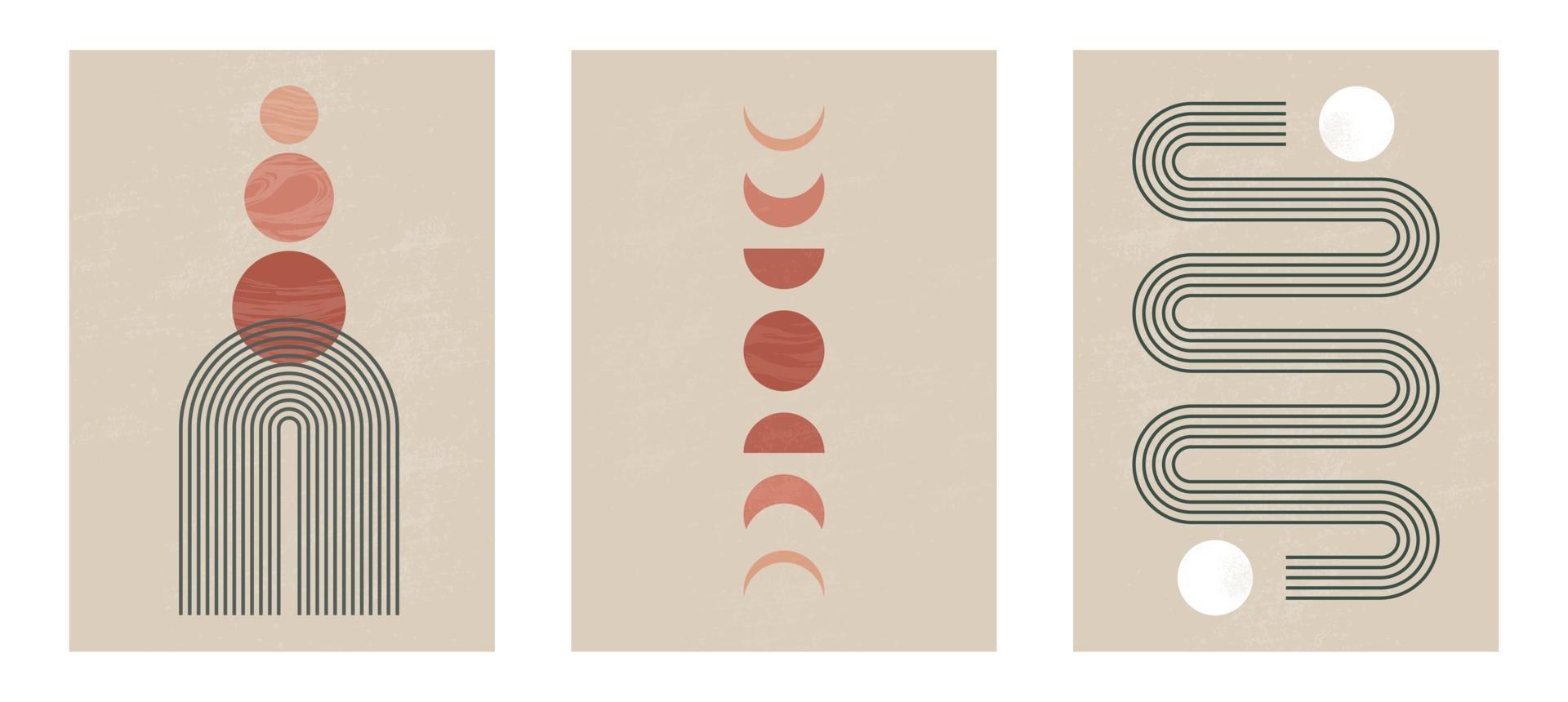 Satz moderner minimalistischer Kunstdruck der Mitte des Jahrhunderts mit organischer natürlicher Form. abstrakter zeitgenössischer ästhetischer Hintergrund mit geometrischen Mondphasen, Sonnenlinien, Erdton. Boho Wanddekoration. vektor