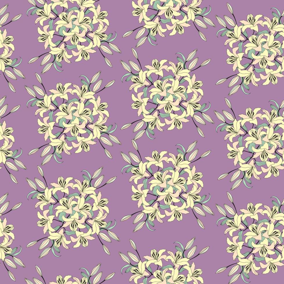 nahtloses Blumenmuster. Blumengelblilienstraußpastellpastellvioletthintergrund. florale nahtlose Textur mit Blumen. gedeihen pastell dekorative geflieste Tapete vektor