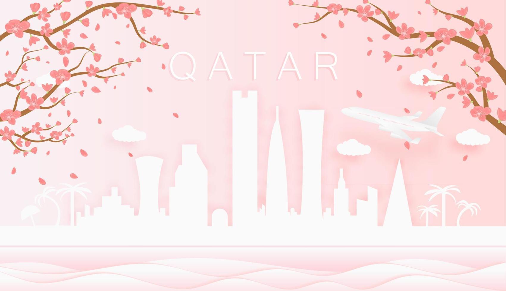Panorama Reise Postkarte, Poster, Tour Werbung von Welt berühmt Sehenswürdigkeiten von Katar, Frühling Jahreszeit mit Blühen Blumen im Baum im Papier Schnitt Stil Vektor Symbol