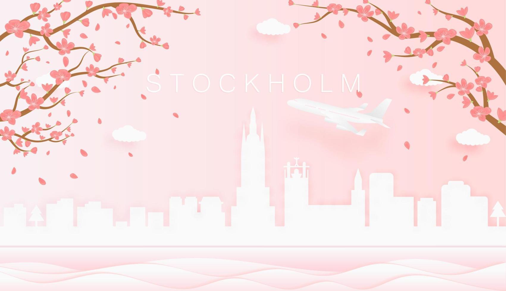 Panorama Reise Postkarte, Poster, Tour Werbung von Welt berühmt Sehenswürdigkeiten von Stockholm, Frühling Jahreszeit mit Blühen Blumen im Baum im Papier Schnitt Stil Vektor Symbol