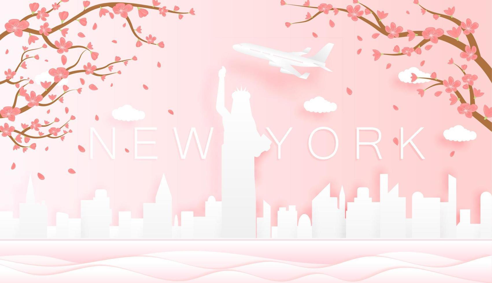 panorama resa vykort, affisch, Turné reklam av värld känd landmärken av ny york, vår säsong med blomning blommor i träd i papper skära stil vektor