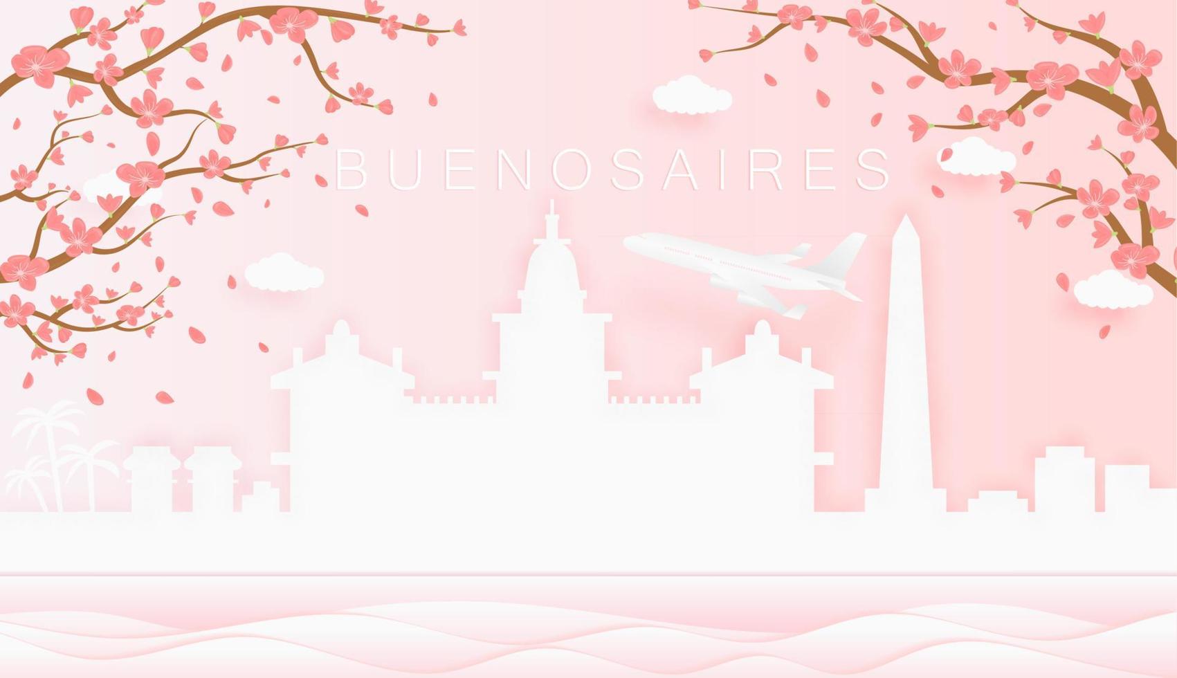 Panorama Reise Postkarte, Poster, Tour Werbung von Welt berühmt Sehenswürdigkeiten von Buenos Lüfte, Frühling Jahreszeit mit Blühen Blumen im Baum vektor