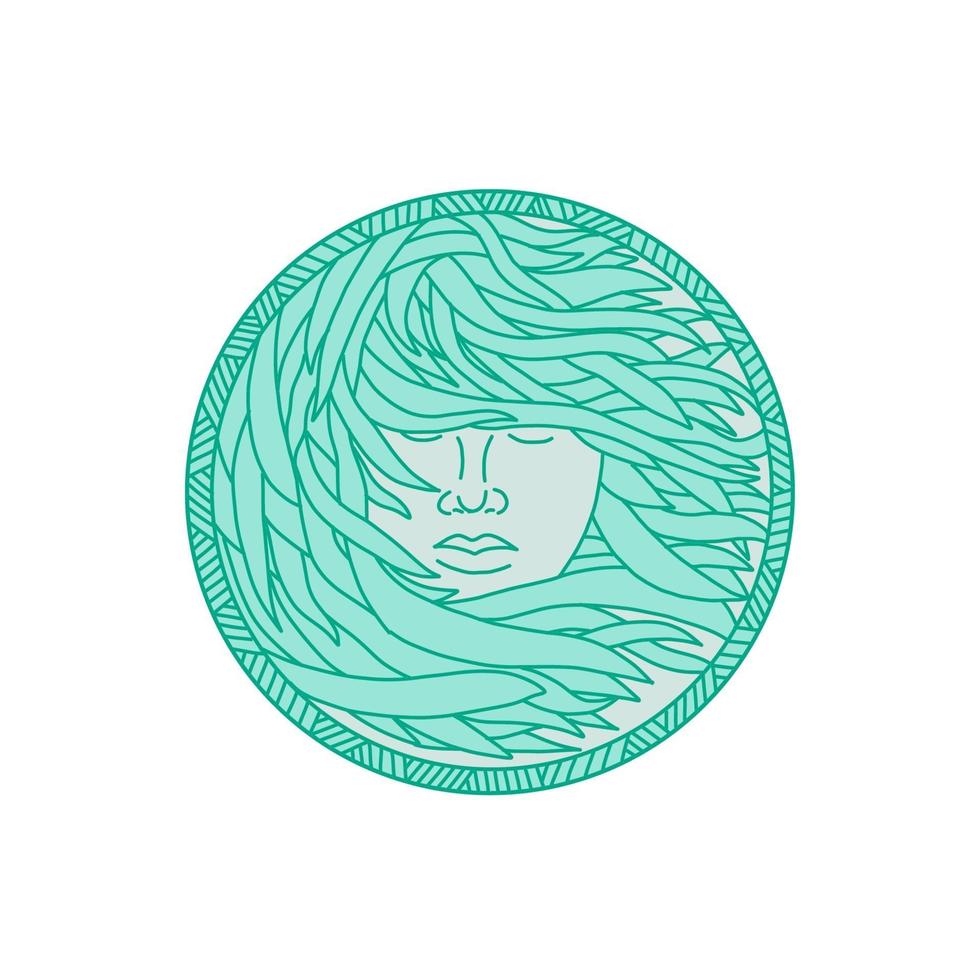polynesisk kvinna havet kelp hår cirkel mono linje vektor
