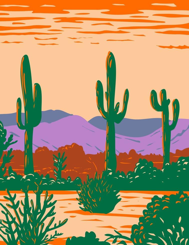 Saguaro-Kaktus im Nationaldenkmal der Sonora-Wüste südlich der Rosskastanie und östlich der Gila-Bend-Arizona-WPA-Plakatkunst vektor