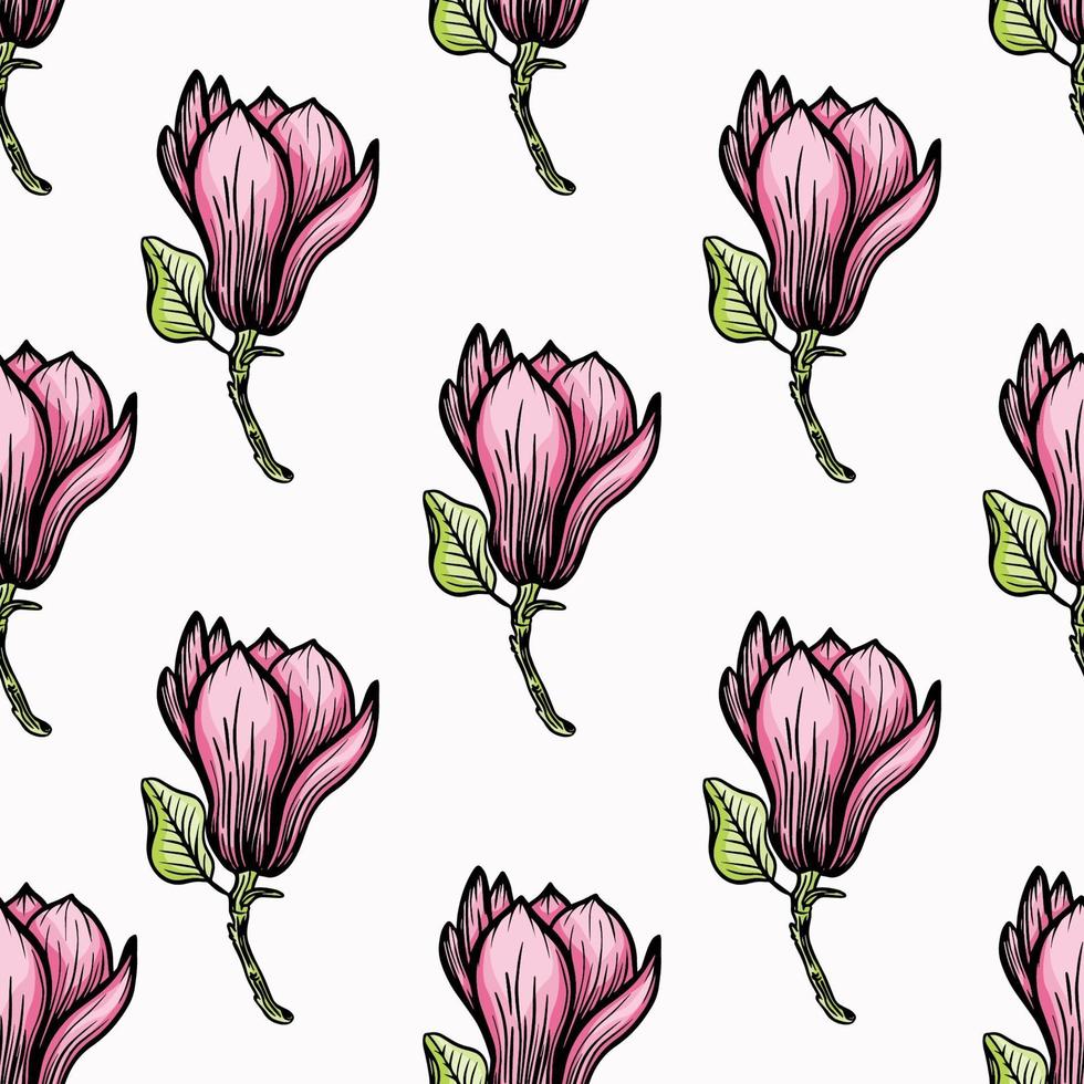 Muster nahtlos mit schwarzem Magnolienumriss. Frühlingsblumenhand gezeichnete Vektorillustration. Schwarzweiss mit Strichgrafiken auf weißem Hintergrund vektor
