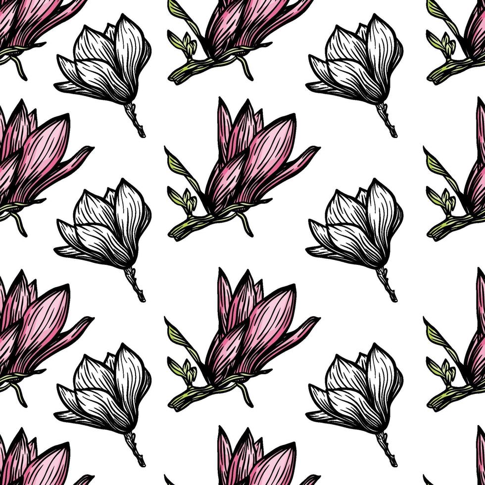 Muster nahtlos mit schwarzem Magnolienumriss. Frühlingsblumenhand gezeichnete Vektorillustration. Schwarzweiss mit Strichgrafiken auf weißem Hintergrund vektor