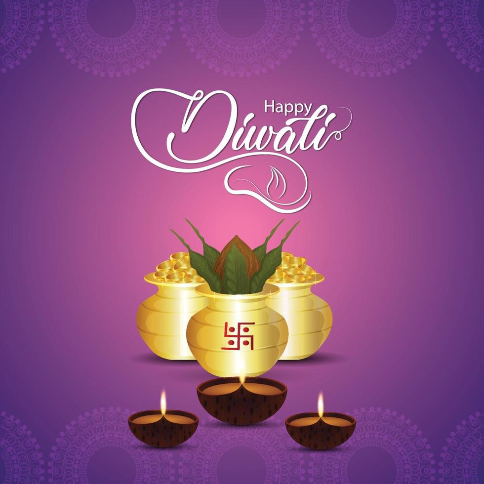 glücklicher diwali Feierhintergrund mit kreativem goldenem Kalash und Goldmünze vektor
