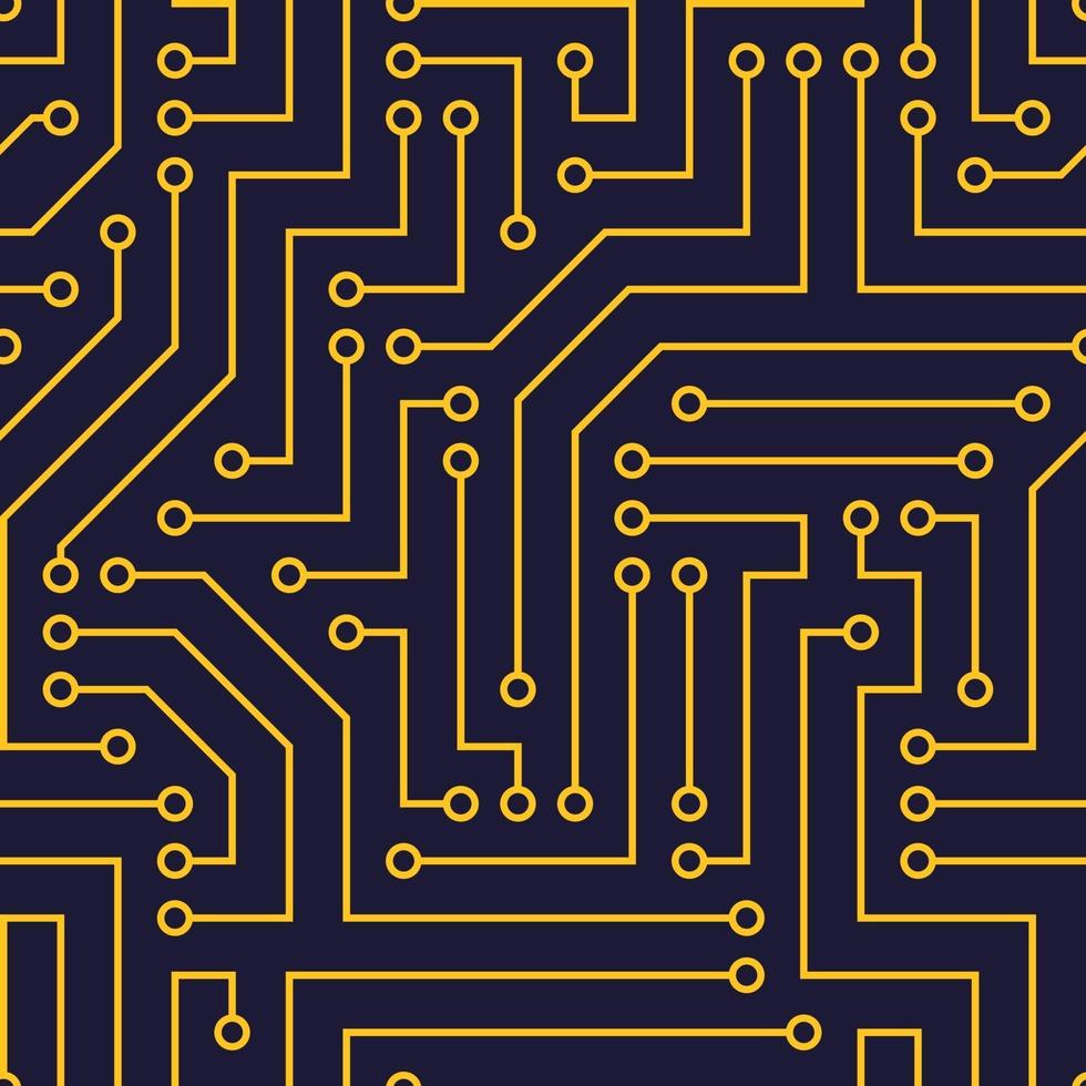 sömlösa mönster med chip. gula ledningar, mörkblå bakgrund. vektorbild. lämplig för tekniska platser och utskrift. vektor