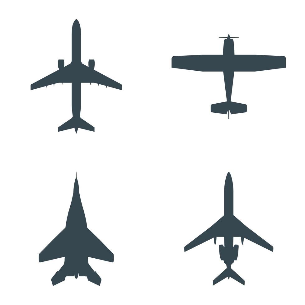en uppsättning med fyra silhuetter av flygplan, både civila och militära. vektor eps10.