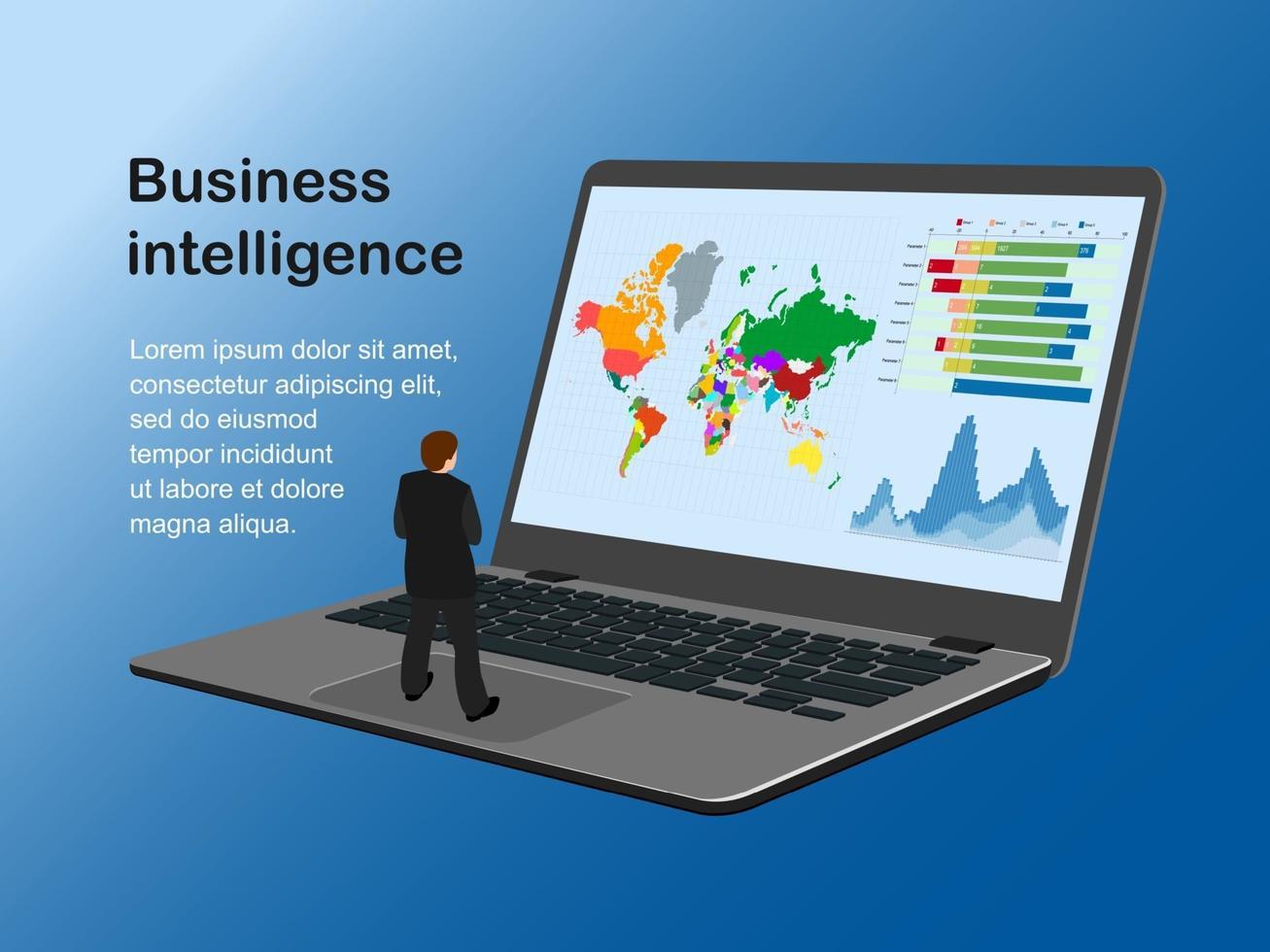 Vektor-Illustration von Business Intelligence. Ein Mann auf einem großen Laptop, der eine Karte, Grafiken und Diagramme betrachtet. Es gibt ein Textmuster. Isometrie. Cartoon-Stil. vektor